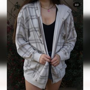 Vintage Havana Oversized Beige Plaid Full Zip Up Hooded Jacket size S